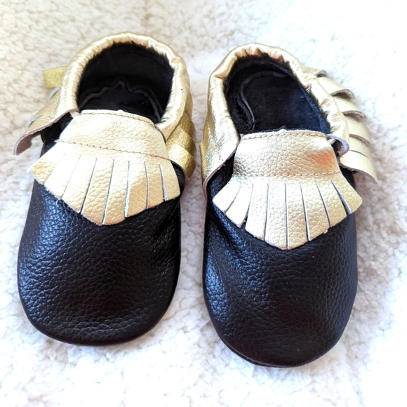 Hand Crafted Other - Baby Girl Leather Moccasin Shoes Black and Gold 6-12m 12-18m